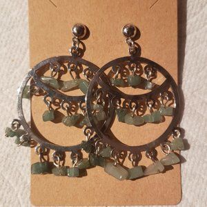 Adorable silver stone /green dangle round pierced earrings